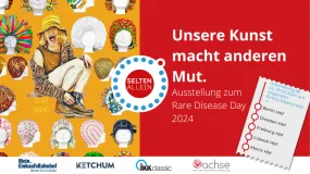  Werbeplakat für eine Kunstausstellung zum Rare Disease Day 2024 mit dem Slogan "Unsere Kunst macht anderen Mut". Im Zentrum ist eine Illustration einer Person, die mit weit geöffnetem Mund schreit "DO YOU HEAR ME?". Umgeben ist die Figur von vielen bunten, stilisierten Masken. Details der Wanderausstellung in deutschen Bahnhöfen wie Berlin, Dresden, Freiburg, Lübeck und Mainz sind aufgeführt. Logos von Sponsoren wie Mein EinkaufsBahnhof, KETCHUM, IKKclassic und ACHSE sind ebenso abgebildet.